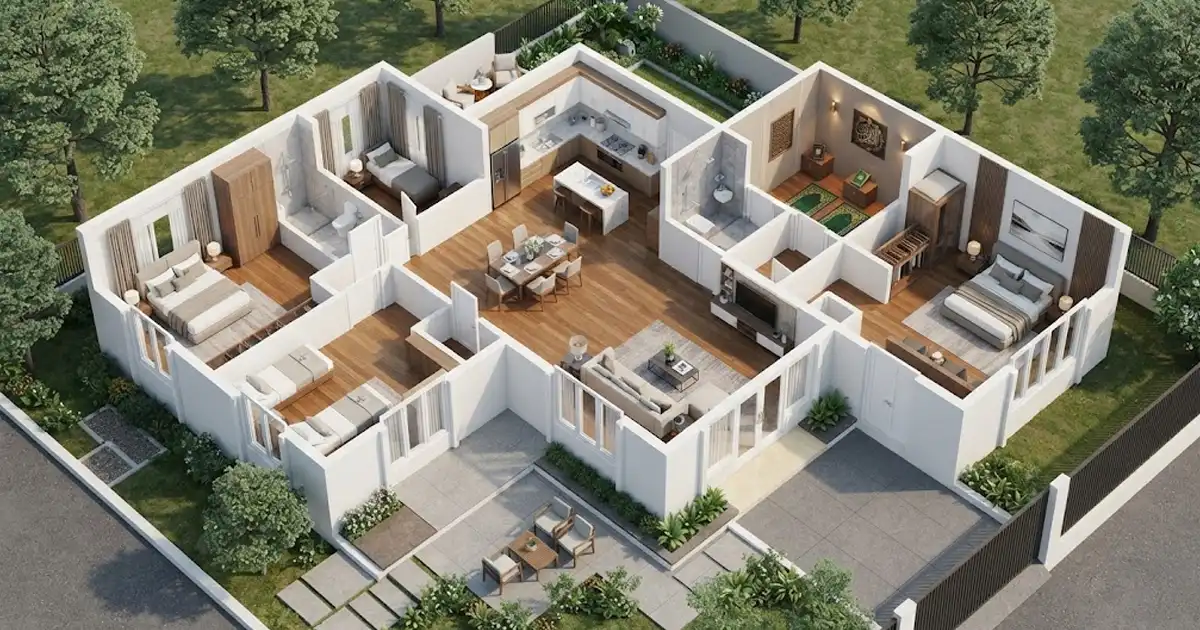 Denah Rumah 4 Kamar Tidur 1 Mushola 3D