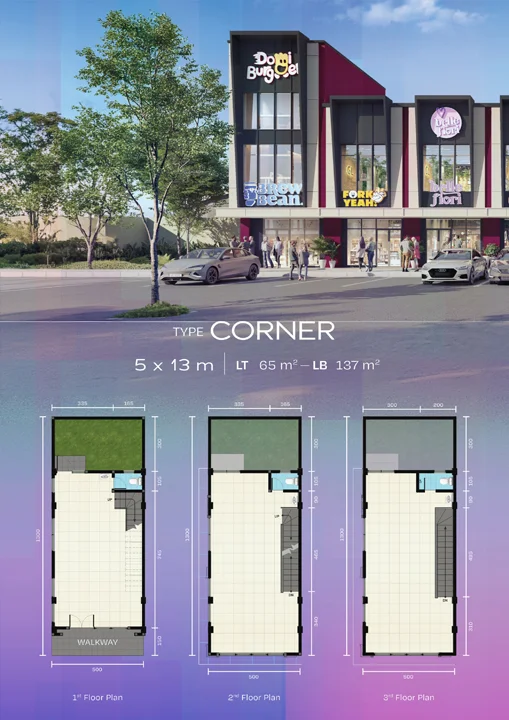 Fasad dan denah layout ruko Spectrum tipe Corner (sudut) 5×13 m