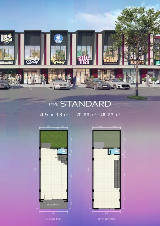 Fasad dan denah layout ruko Spectrum tipe Standard 4,5×13 m