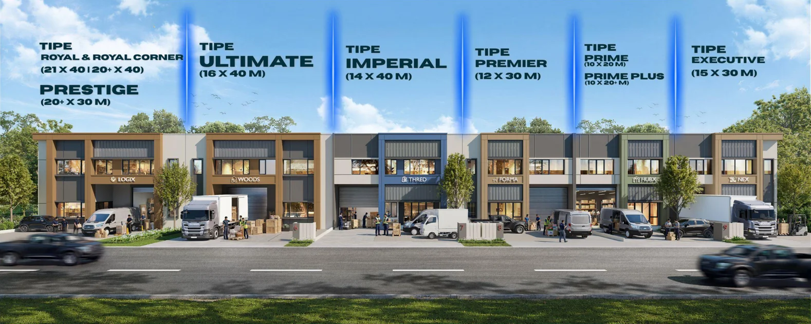 Pilihan tipe unit gudang Nexen Business Park dari Prime sampai Royal Corner